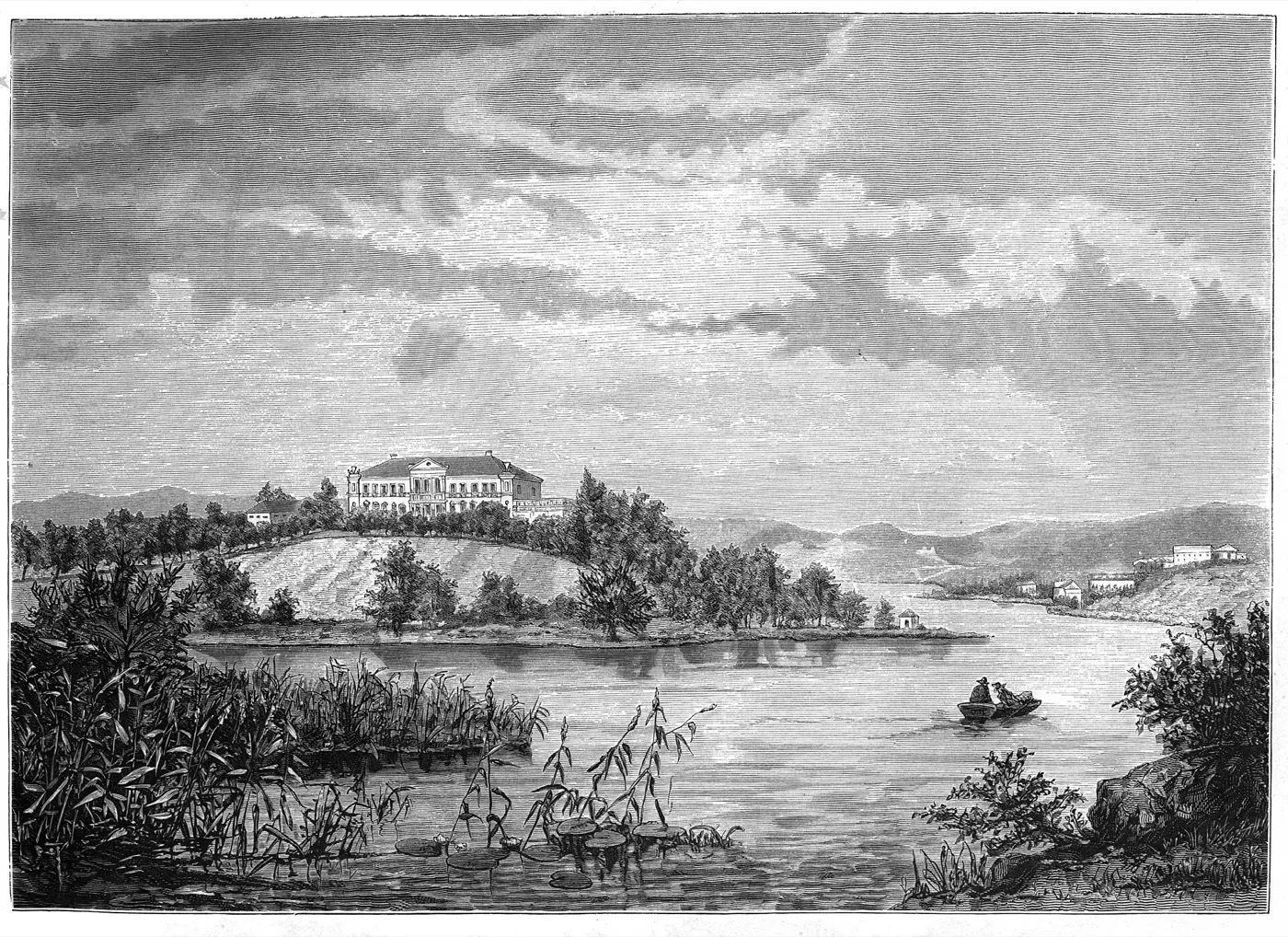 Träsnitt av Nääs slott på udden i Sävelången, 1876