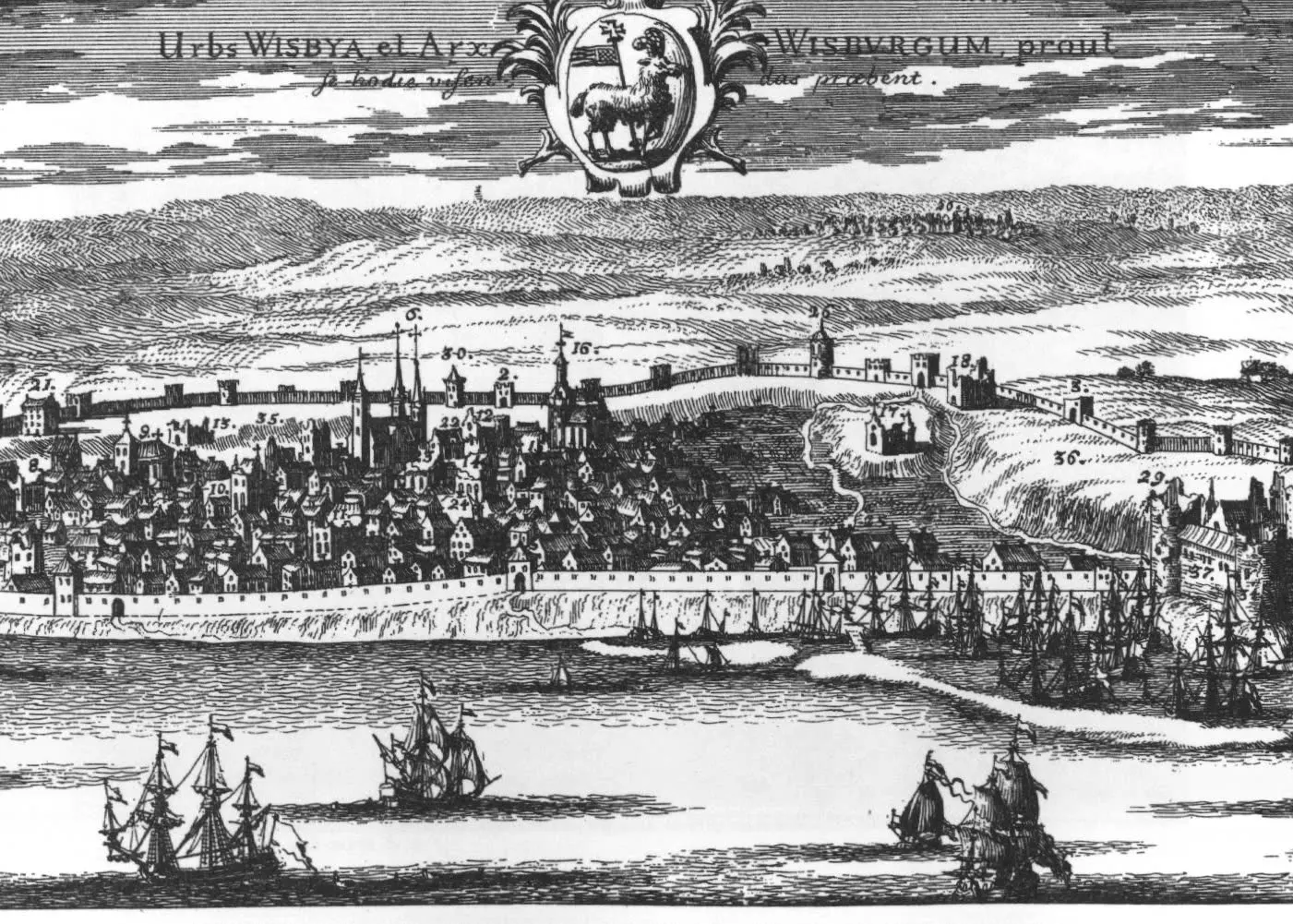 Kopparstick av Visby från havet
