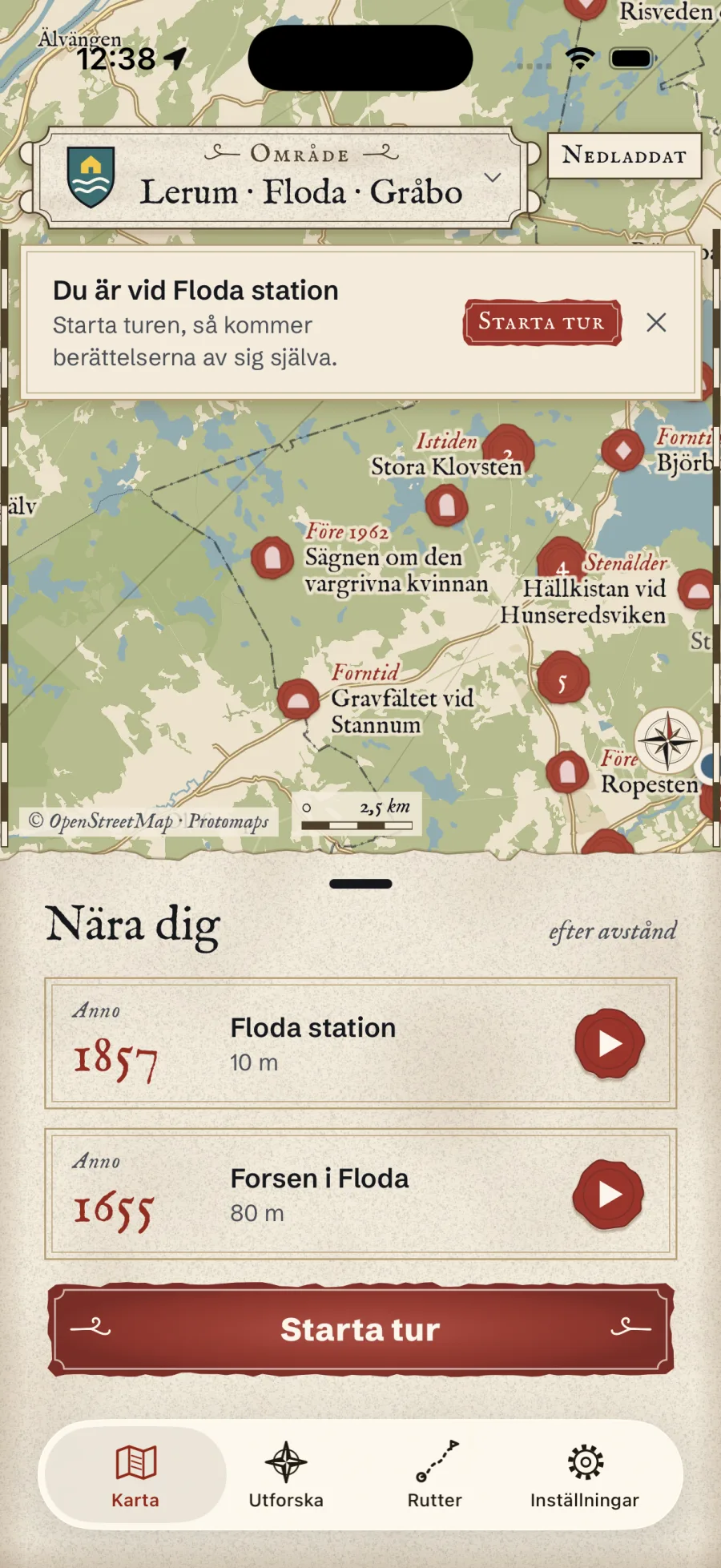 Kartan i GoPast med platserna kring Floda och deras årtal