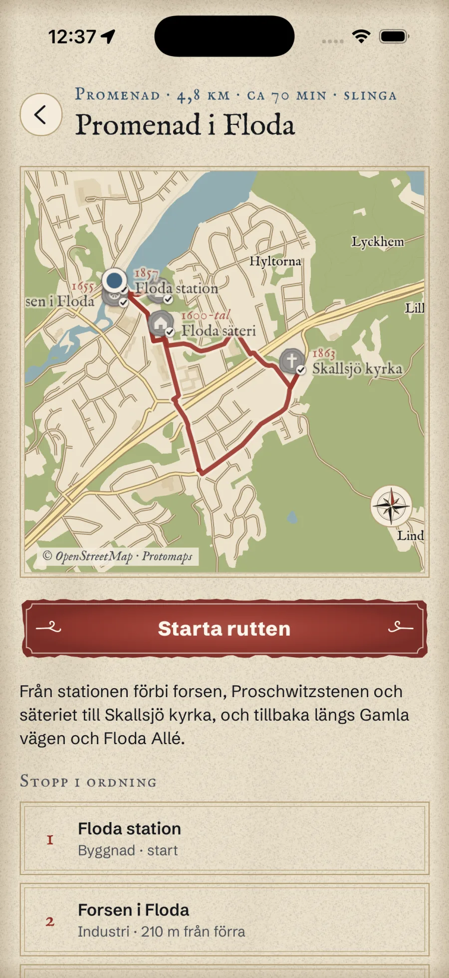 Rutten Promenad i Floda på kartan, med stoppen i ordning