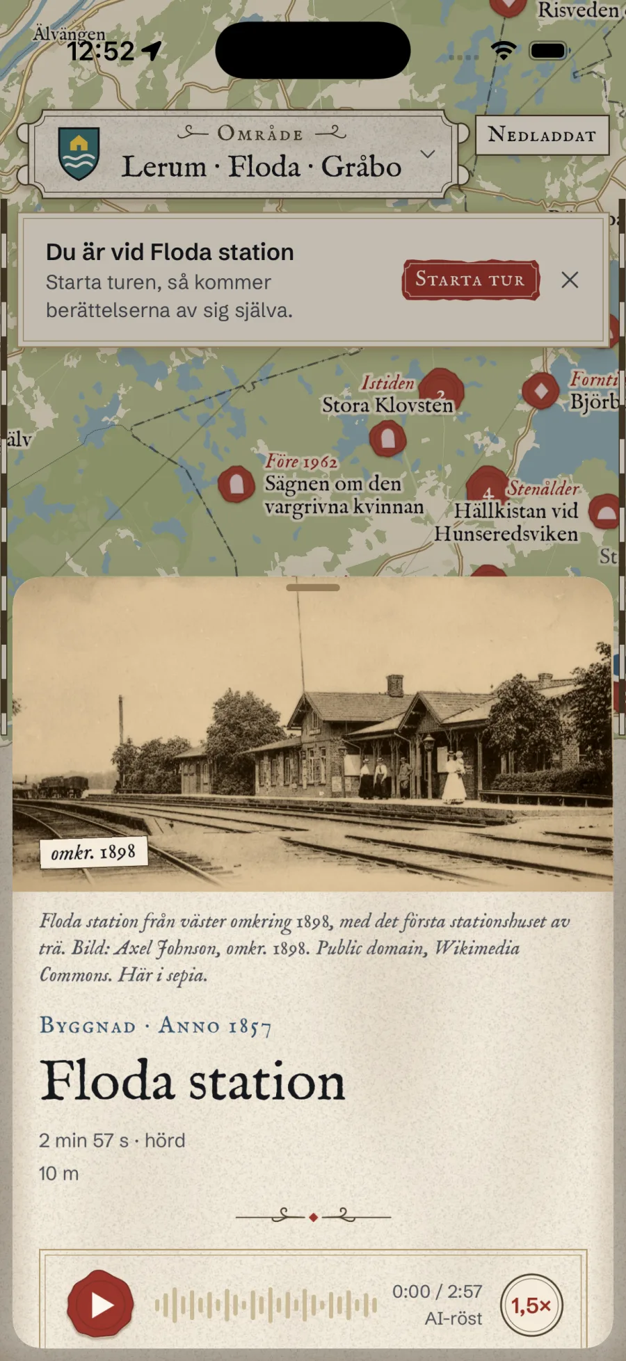 Floda station i appen, med ett foto från omkring 1898