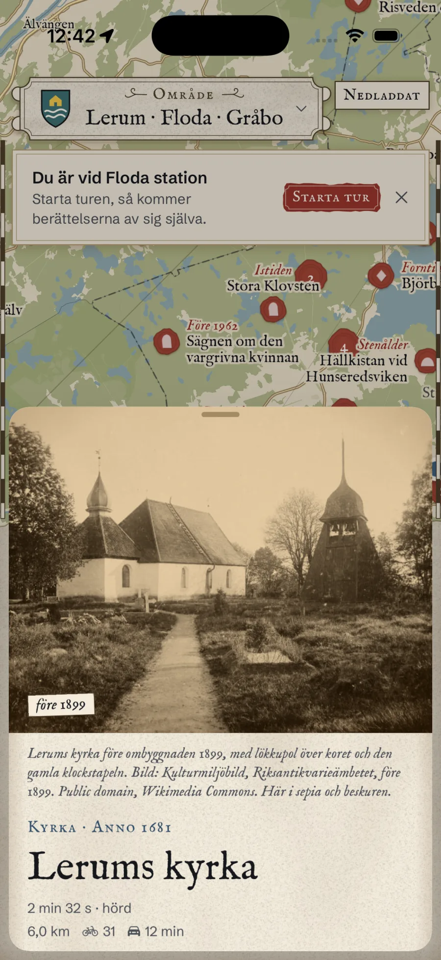 Lerums kyrka i appen, med ett foto från före 1899