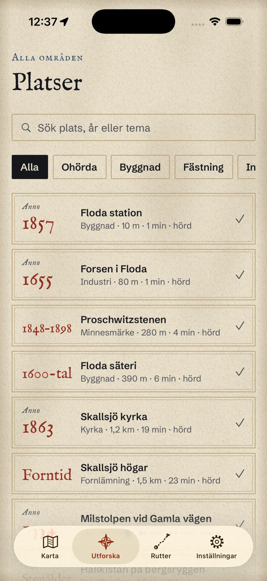 Listan över platser med årtal och avstånd